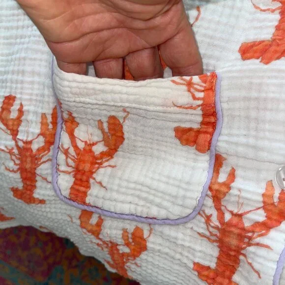 Sara Fitz Womens Pajama Set Size 3X White Lobster Print Casual Pure Cotton - Picture 4 of 8